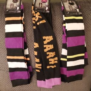 Lot of 3 tall socks, 2 pair purple black white striped and 1 pair "EEEK! AAAH!"